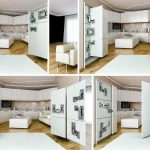 Various home settings showing cabinets with European angled hinges.