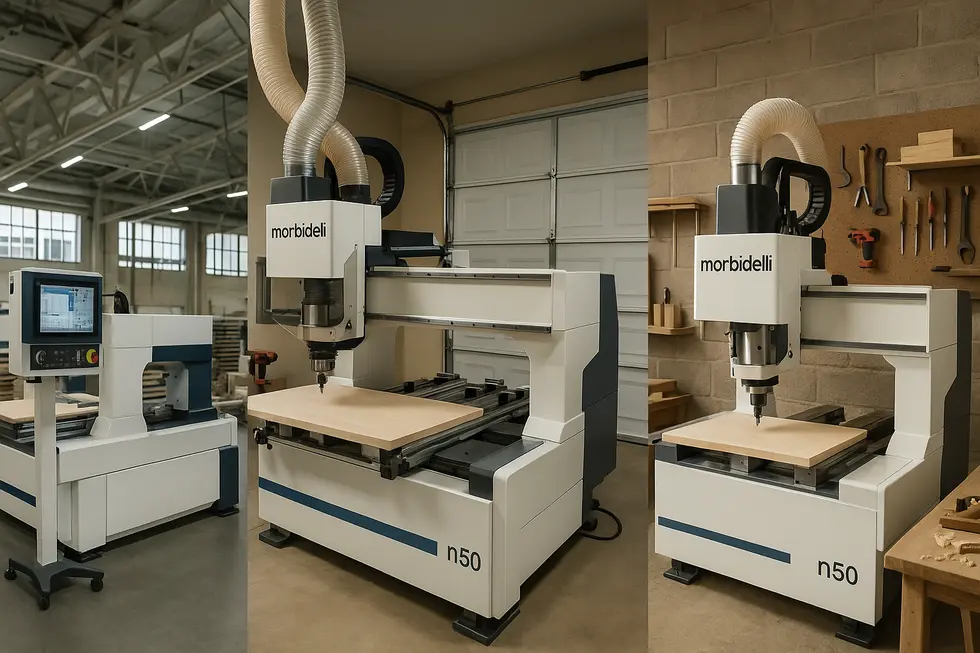 Diverse settings with the Morbidelli N50, showing its adaptability from business to home and hobbyist environments.