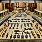 Organized workshop with cabinet hinges and assembly tools.